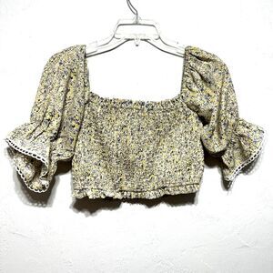 Nibi MTK Blouse Stretch Crop Puff Sleeve Top Cream Micro Floral Womens sz Small